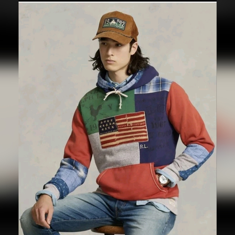 Polo Ralph Lauren US Flag Patchwork Pullover Hoodie M
